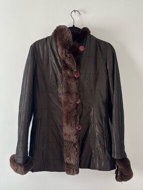 Saga Furs Rabbit Fur Trimmed Coat Button Front Jacket Quilted Vintage Brown